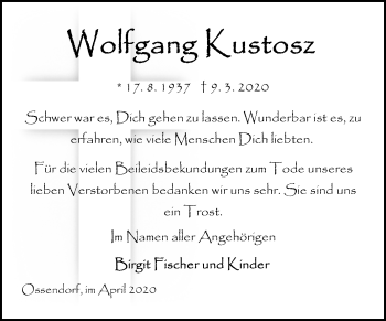 Traueranzeige von Wolfgang Kustosz von Westfalen-Blatt