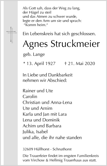 Traueranzeige von Agnes Struckmeier von Westfalen-Blatt