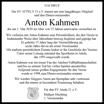 Traueranzeige von Anton Kahmen von Westfalen-Blatt