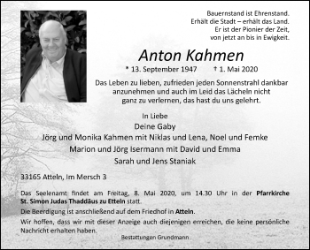 Traueranzeige von Anton Kahmen von Westfalen-Blatt