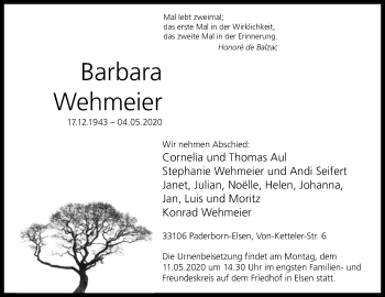 Traueranzeige von Barbara Wehmeier von Westfalen-Blatt