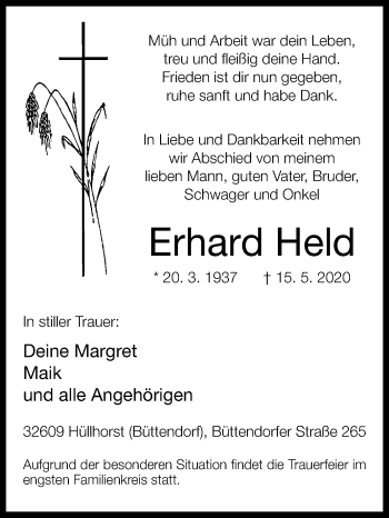 Traueranzeige von Erhard Held von Westfalen-Blatt