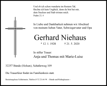 Traueranzeige von Gerhard Niehaus von Westfalen-Blatt