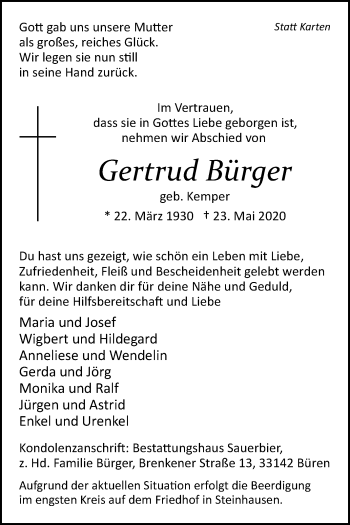 Traueranzeige von Gertrud Bürger von Westfalen-Blatt