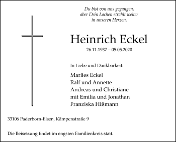 Traueranzeige von Heinrich Eckel von Westfalen-Blatt