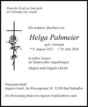 Traueranzeige von Helga Pahmeier von Westfalen-Blatt