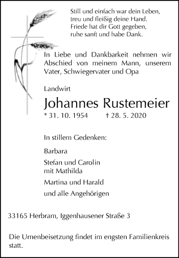 Traueranzeige von Johannes Rustemeier von Westfalen-Blatt