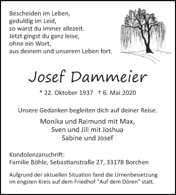 Traueranzeige von Josef Dammeier von Westfalen-Blatt