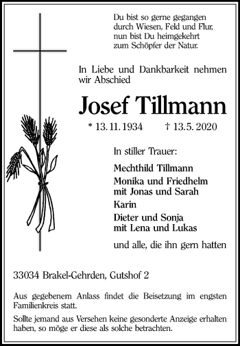 Traueranzeige von Josef Tillmann von Westfalen-Blatt