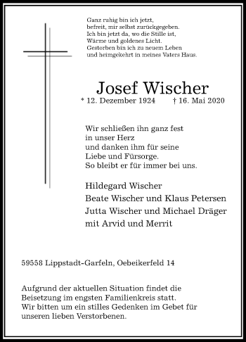 Traueranzeige von Josef Wischer von Westfalen-Blatt