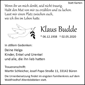 Traueranzeige von Klaus Budde von Westfalen-Blatt