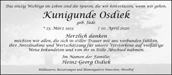 Traueranzeige von Kunigunde Osdiek von Westfalen-Blatt