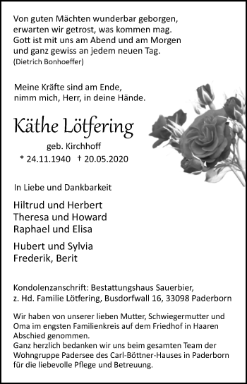 Traueranzeige von Käthe Lötfering von Westfalen-Blatt