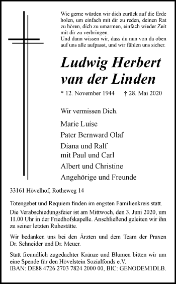 Traueranzeige von Ludwig Herbert van der Linden von Westfalen-Blatt