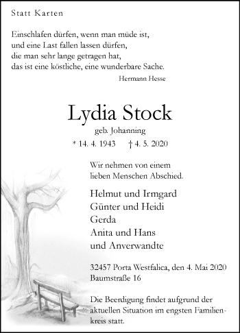 Traueranzeige von Lydia Stock von Westfalen-Blatt