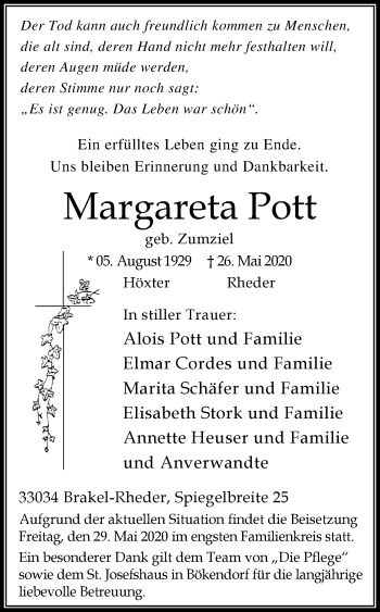 Traueranzeige von Margareta Pott von Westfalen-Blatt