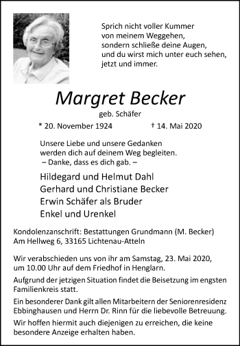 Traueranzeige von Margret Becker von Westfalen-Blatt