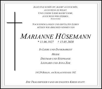 Traueranzeige von Marianne Hüsemann von Westfalen-Blatt