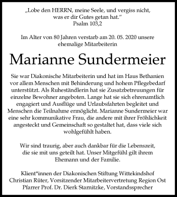 Traueranzeige von Marianne Sundermeier von Westfalen-Blatt