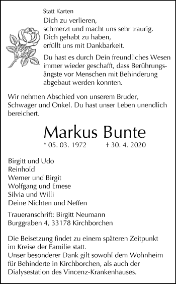 Traueranzeige von Markus Bunte von Westfalen-Blatt