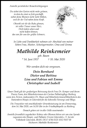 Traueranzeige von Mathilde Reinkemeier von Westfalen-Blatt