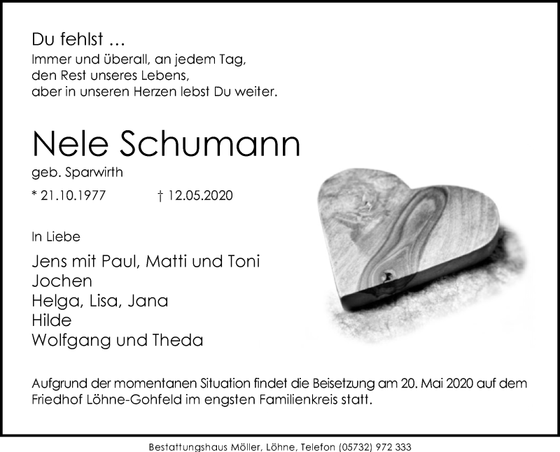  Traueranzeige für Nele Schumann vom 16.05.2020 aus Westfalen-Blatt