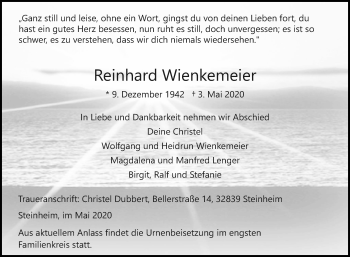 Traueranzeige von Reinhard Wienkemeier von Westfalen-Blatt