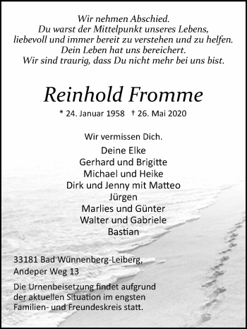 Traueranzeige von Reinhold Fromme von Westfalen-Blatt