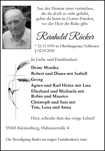 Traueranzeige von Reinhold Rücker von Westfalen-Blatt