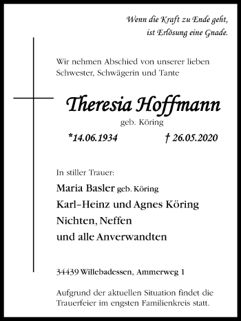 Traueranzeige von Theresia Hoffmann von Westfalen-Blatt