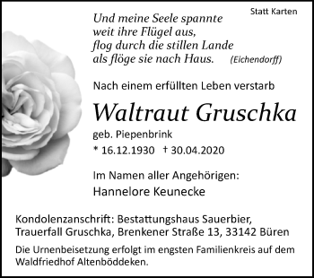 Traueranzeige von Waltraut Gruschka von Westfalen-Blatt