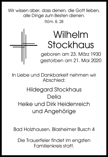 Traueranzeige von Wilhelm Stockhaus von Westfalen-Blatt