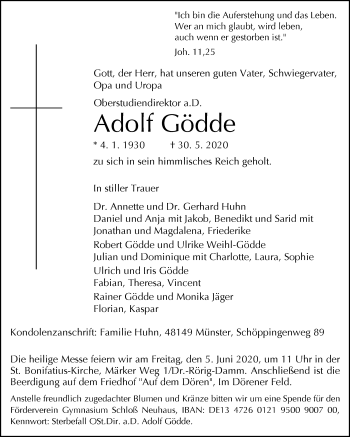 Traueranzeige von Adolf Gödde von Westfalen-Blatt