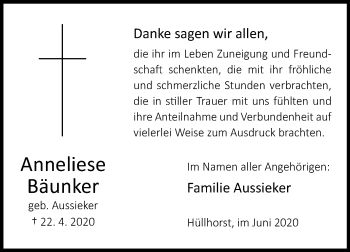 Traueranzeige von Anneliese Bäunker von Westfalen-Blatt