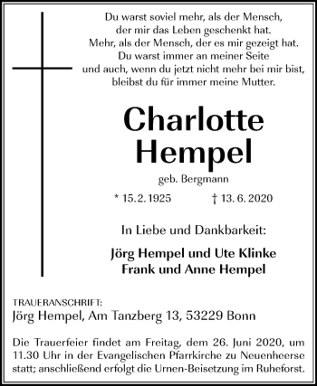 Traueranzeige von Charlotte Hempel von Westfalen-Blatt