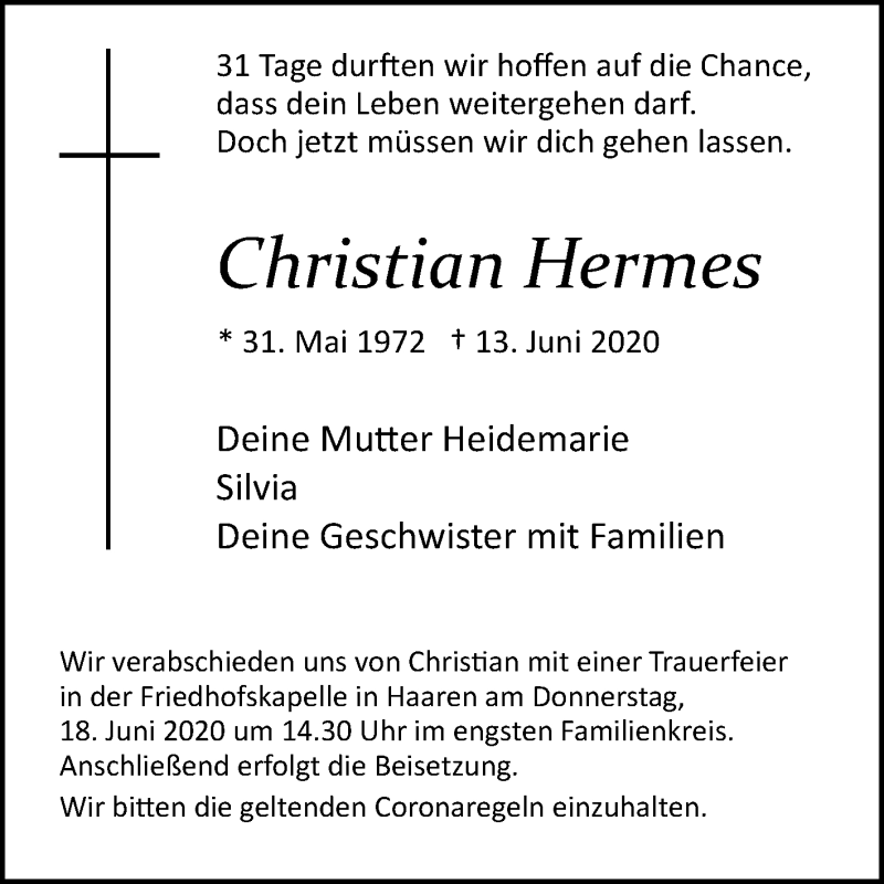  Traueranzeige für Christian Hermes vom 16.06.2020 aus Westfalen-Blatt