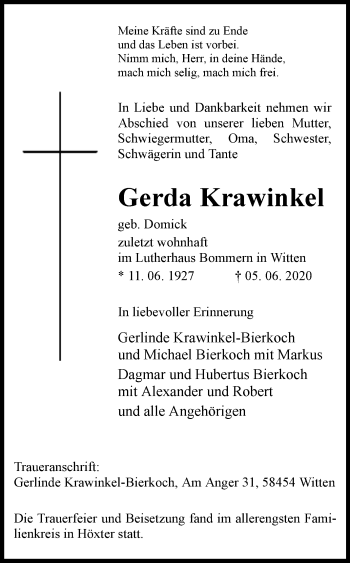 Traueranzeige von Gerda Krawinkel von Westfalen-Blatt