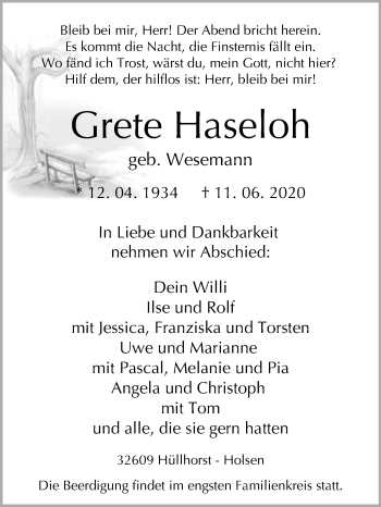 Traueranzeige von Grete Haseloh von Westfalen-Blatt