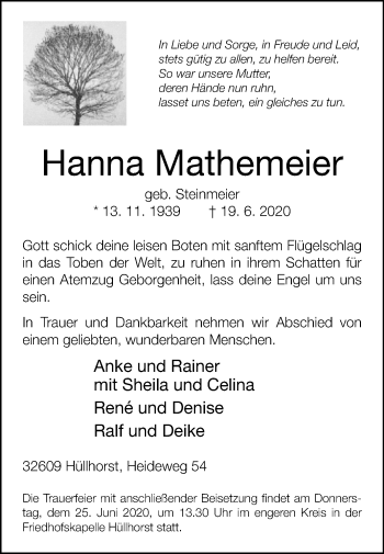 Traueranzeige von Hanna Mathemeier von Westfalen-Blatt