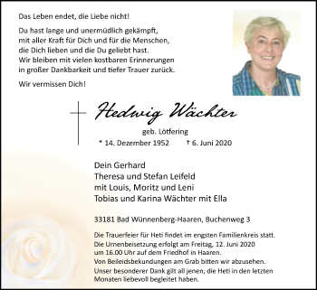 Traueranzeige von Hedwig Wächter von Westfalen-Blatt