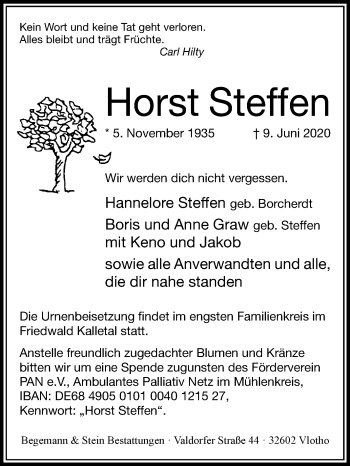 Traueranzeige von Horst Steffen von Westfalen-Blatt