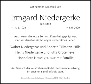 Traueranzeige von Irmgard Niedergerke von Westfalen-Blatt