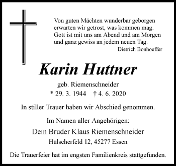 Traueranzeige von Karin Huttner von Westfalen-Blatt