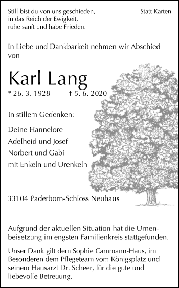 Traueranzeige von Karl Lang von Westfalen-Blatt