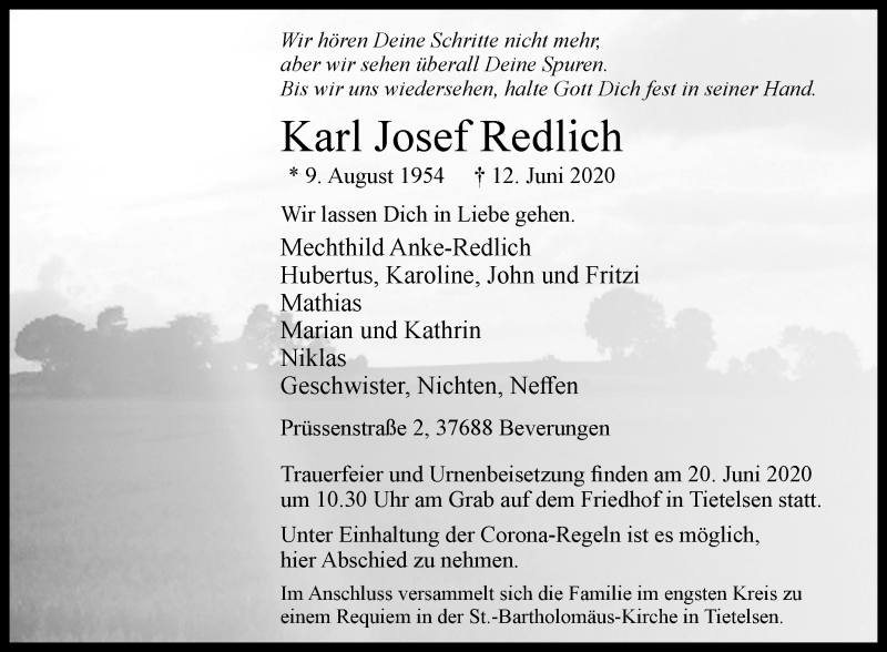  Traueranzeige für Karl Josef Redlich vom 17.06.2020 aus Westfalen-Blatt