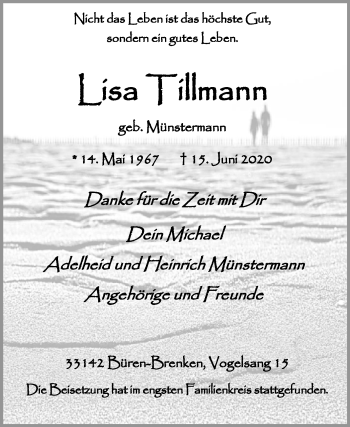 Traueranzeige von Lisa Tillmann von Westfalen-Blatt