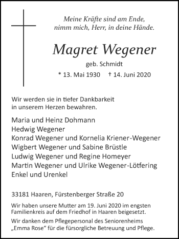 Traueranzeige von Magret Wegener von Westfalen-Blatt