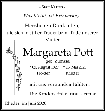 Traueranzeige von Margareta Pott von Westfalen-Blatt