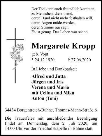 Traueranzeige von Margarete Kropp von Westfalen-Blatt