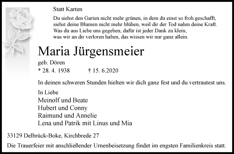  Traueranzeige für Maria Jürgensmeier vom 20.06.2020 aus Westfalen-Blatt